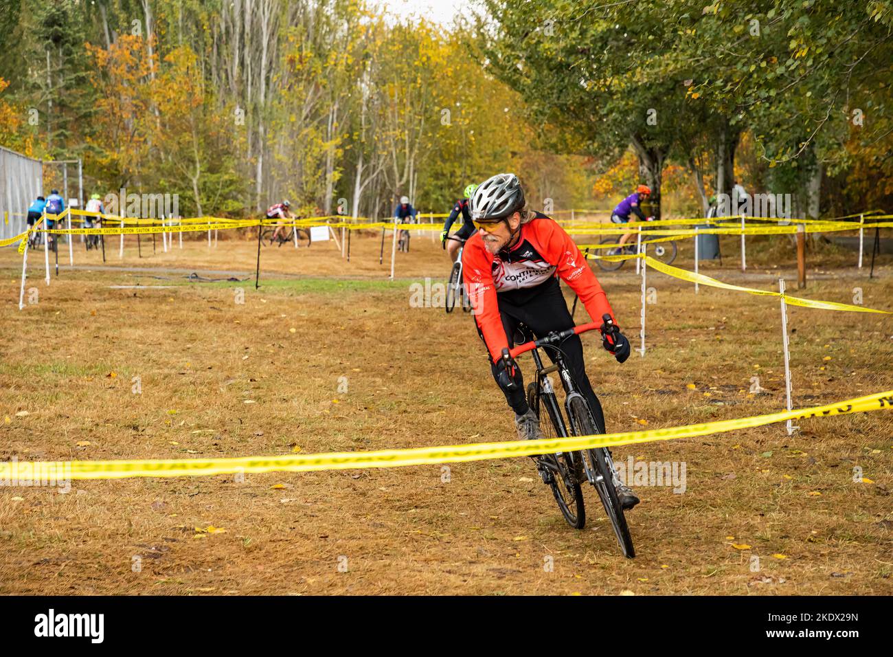 WA22733-00...WASHINGTON - Cyclist, Tom Kirkendall, riding through a series of turns during a cyclocross race at Madison Park in Seattle. Stock Photo