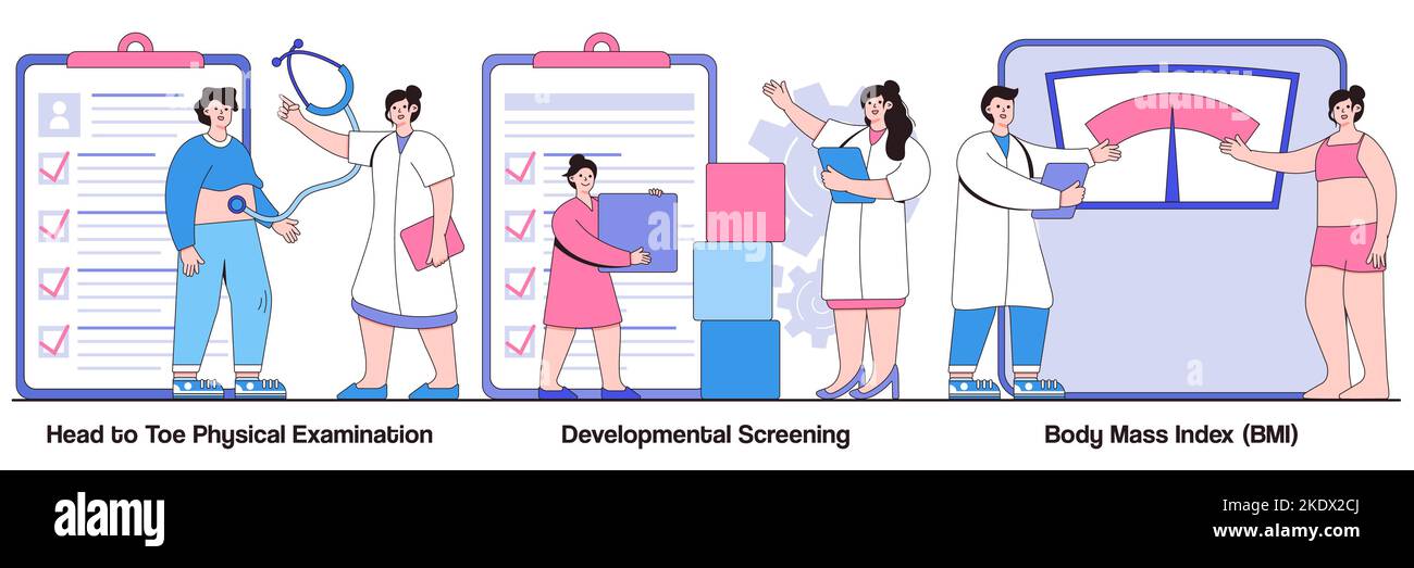 Head to toe physical examination, developmental screening, body mass