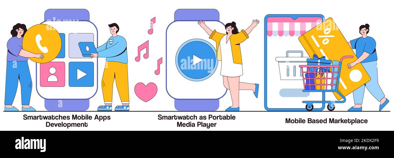 Smartwatches mobile apps development, portable media player, mobile based marketplace concept with people character. Wearable devices vector illustrat Stock Vector