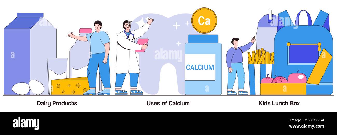 Dairy products, uses of calcium, kids lunch box concept with people character. Healthy nutrition vector illustration set. Healthy snack, food processi Stock Vector