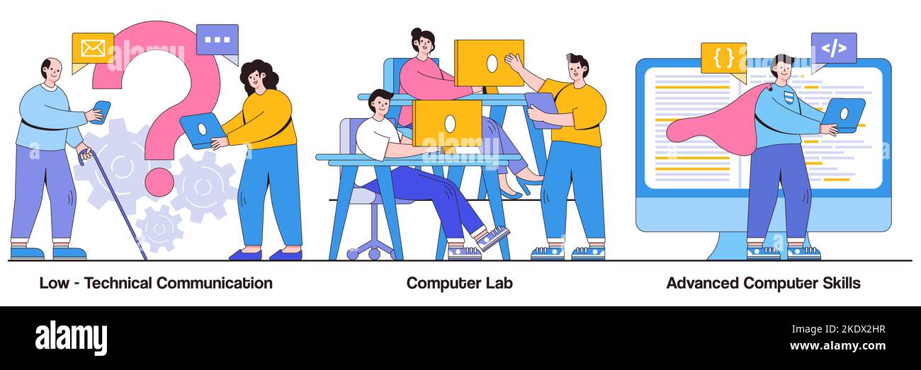 Low-technical communication, computer Lab, advanced skills concept with people character. Computer skills requirement vector illustration set. IT lear Stock Vector