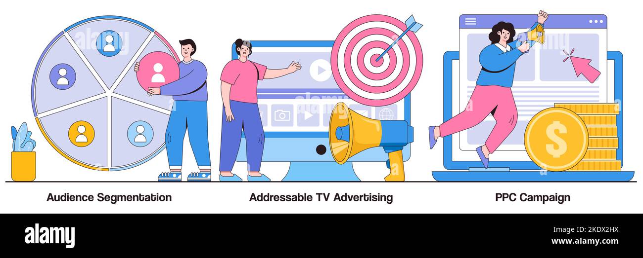 Audience segmentation, addressable tv advertising, ppc campaign concept with people character. Targeted promotion, SEO, digital marketing vector illus Stock Vector