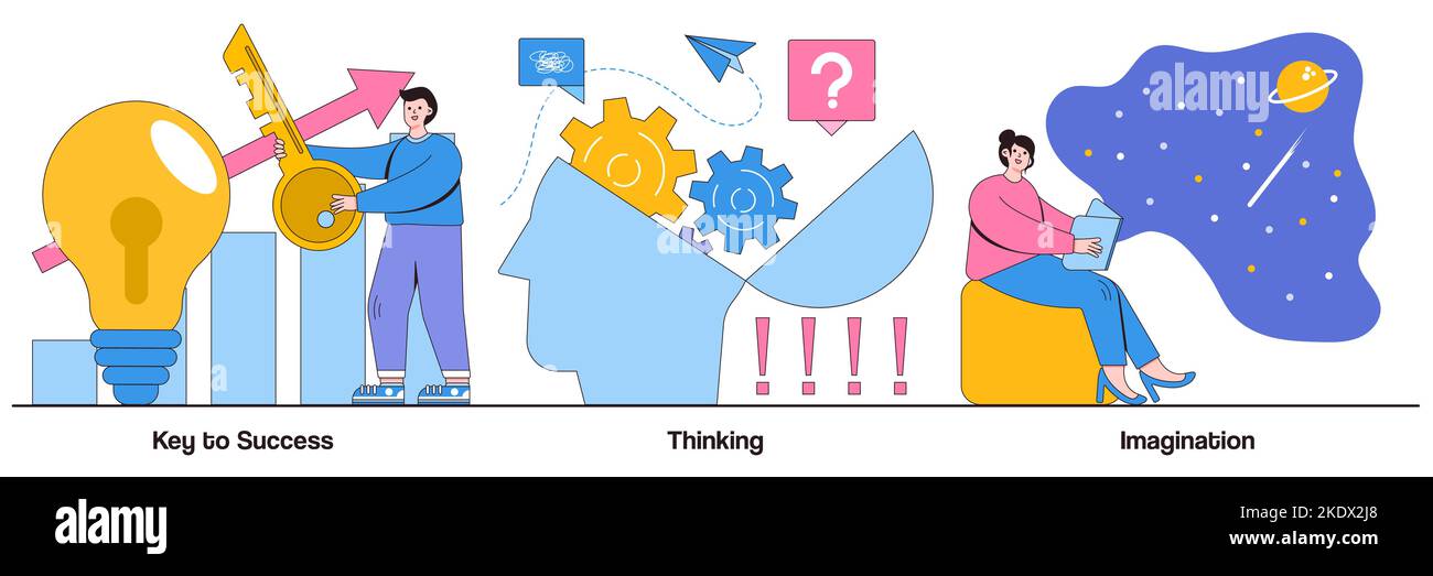 Key to success, thinking and imagination concept with people character