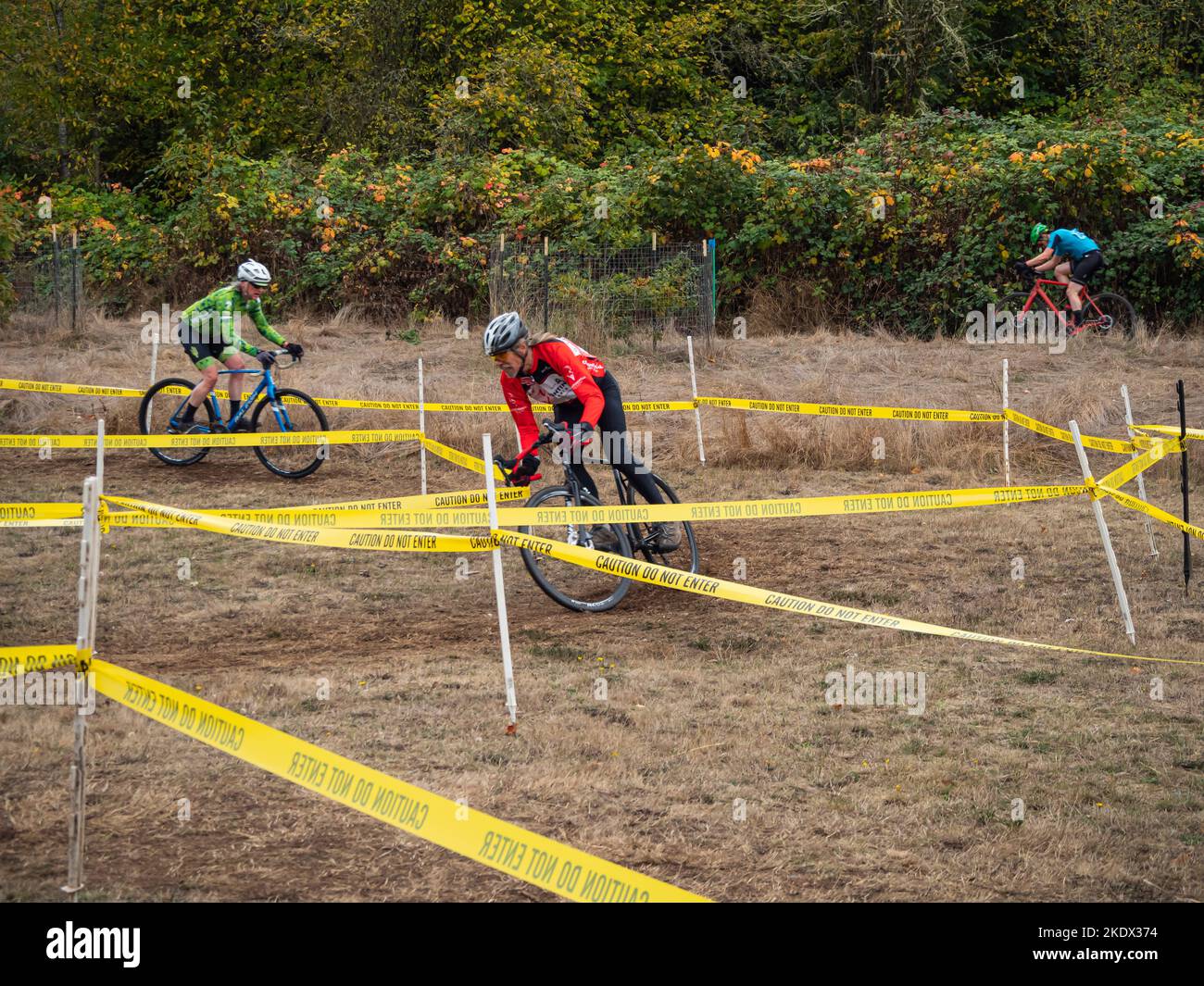 WA22744-00...WASHINGTON - Cyclocross racers coming through the S-curves at Cross Revolution cyclocross race at Fort Steilacoom Park in Lakewood. Stock Photo