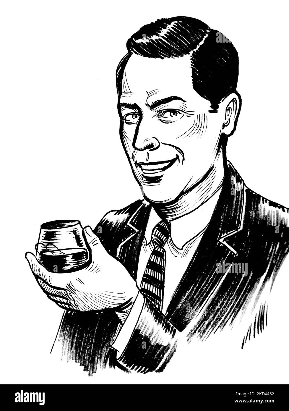 Smiling retro styled gentleman with a glass of brandy. Ink black and