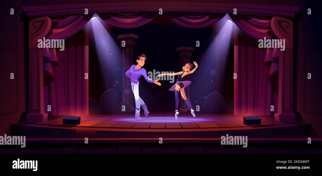 Ballet dancers couple dance on theater stage with red curtains and spotlights. Ballerina in tutu performs with man wear artistic costumes on classic scene in light beams, Cartoon vector illustration Stock Vector