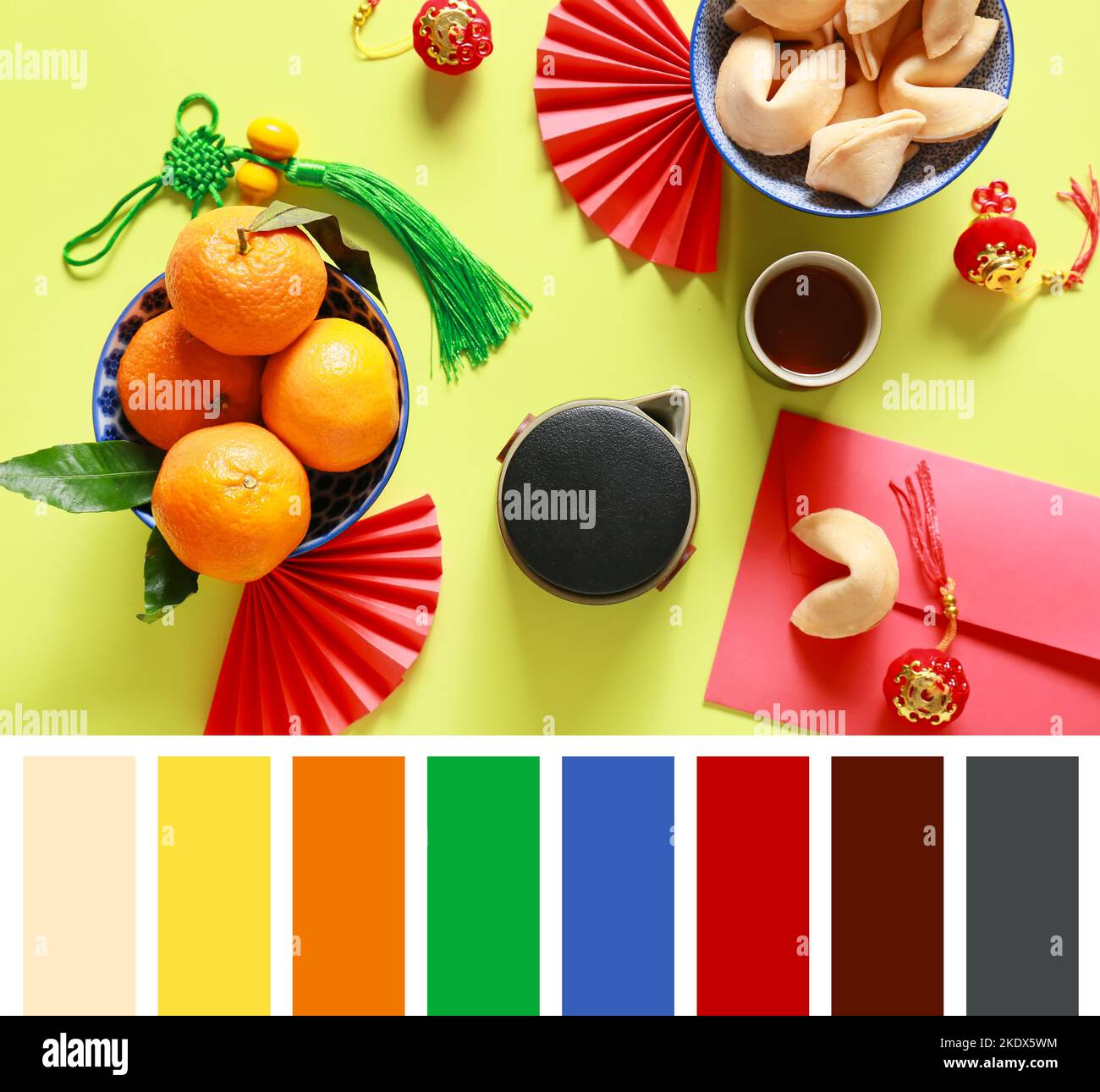 Composition with Chinese symbols on yellow background. Different color