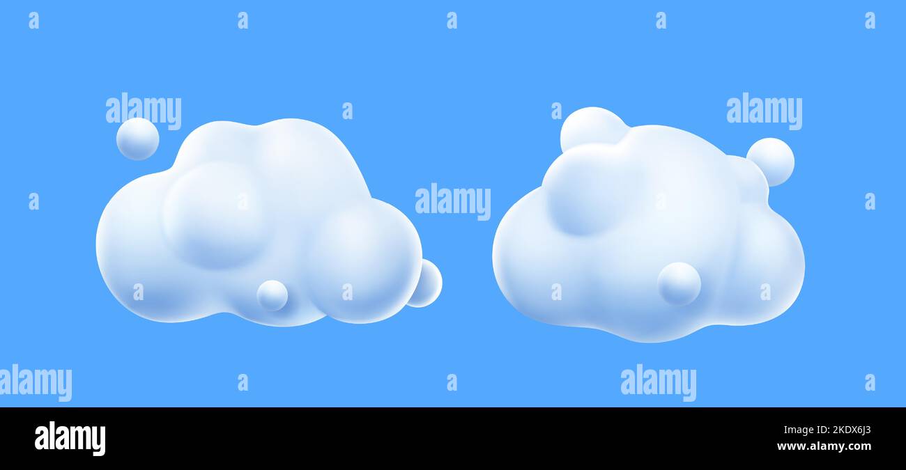 3d render white clouds, cute fluffy spindrift rounded cumulus eddies. Flying weather and nature design elements balloons isolated on blue background, vector illustration in cartoon plastic style icons Stock Vector