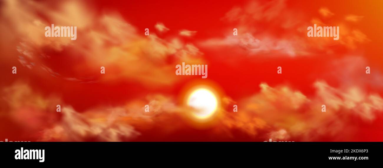 Realistic sunset sky with sun peek out of fluffy clouds. Beautiful ...