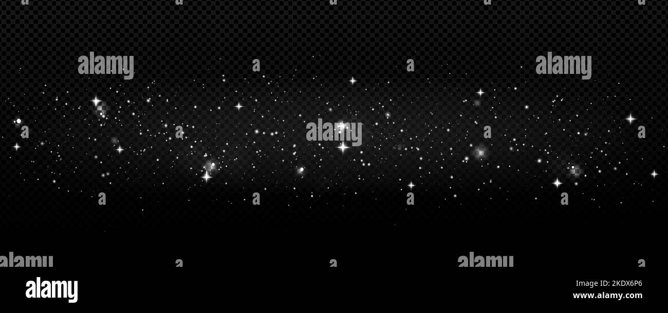 Stardust sparkles, glitter, star dust or twinkle with bokeh effect. Magic white blinks on black background. Shiny glittering glow, festive design, night sky or space, Realistic 3d vector illustration Stock Vector