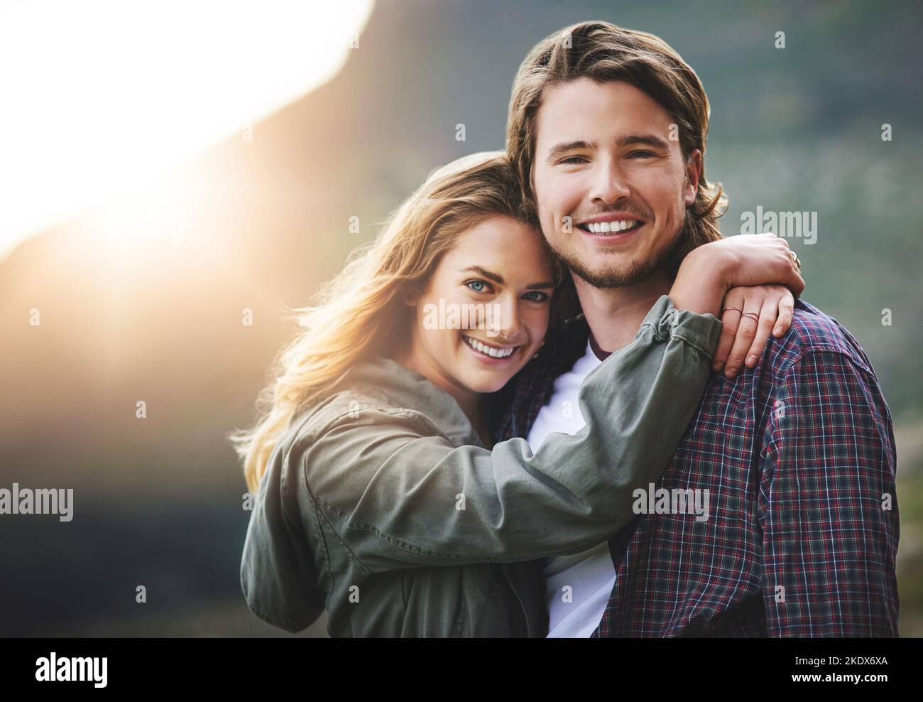 Love in the great outdoors. Portrait of a happy young couple having fun outside. Stock Photo