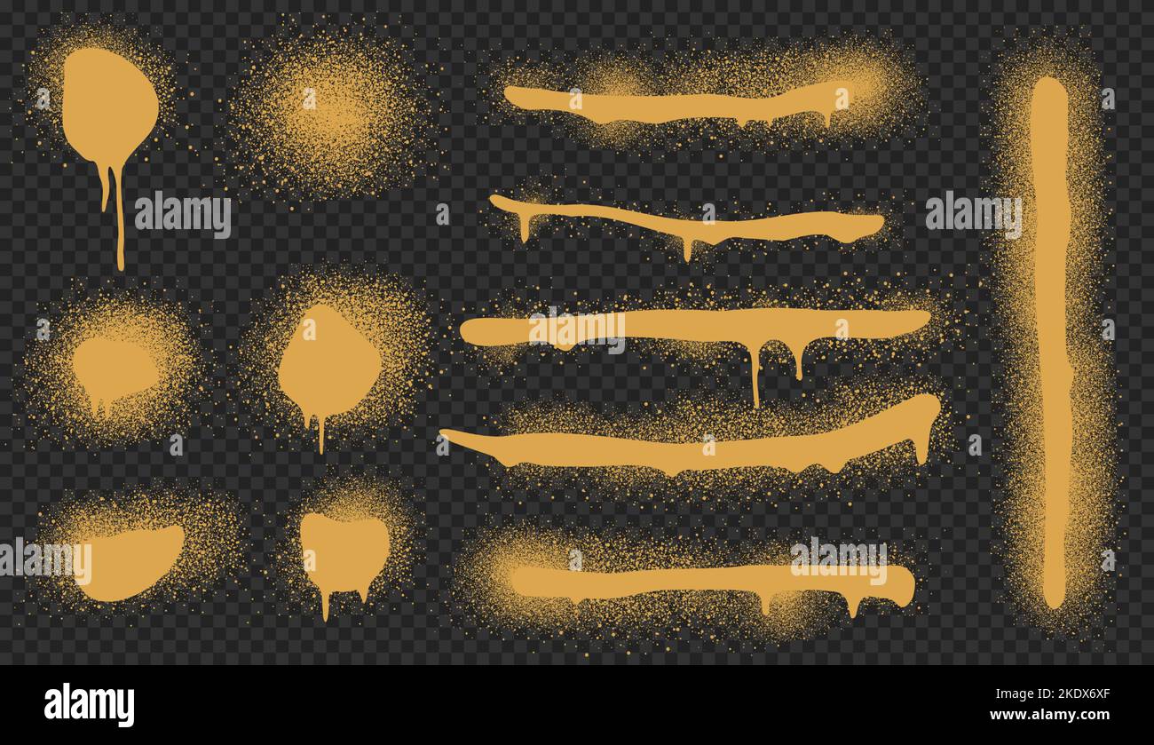 Spray paint drips and lines, golden ink splatters, brush stains with graffiti effect. inky blots in urban street style, blobs or stripes. Design elements isolated on transparent background, Vector set Stock Vector