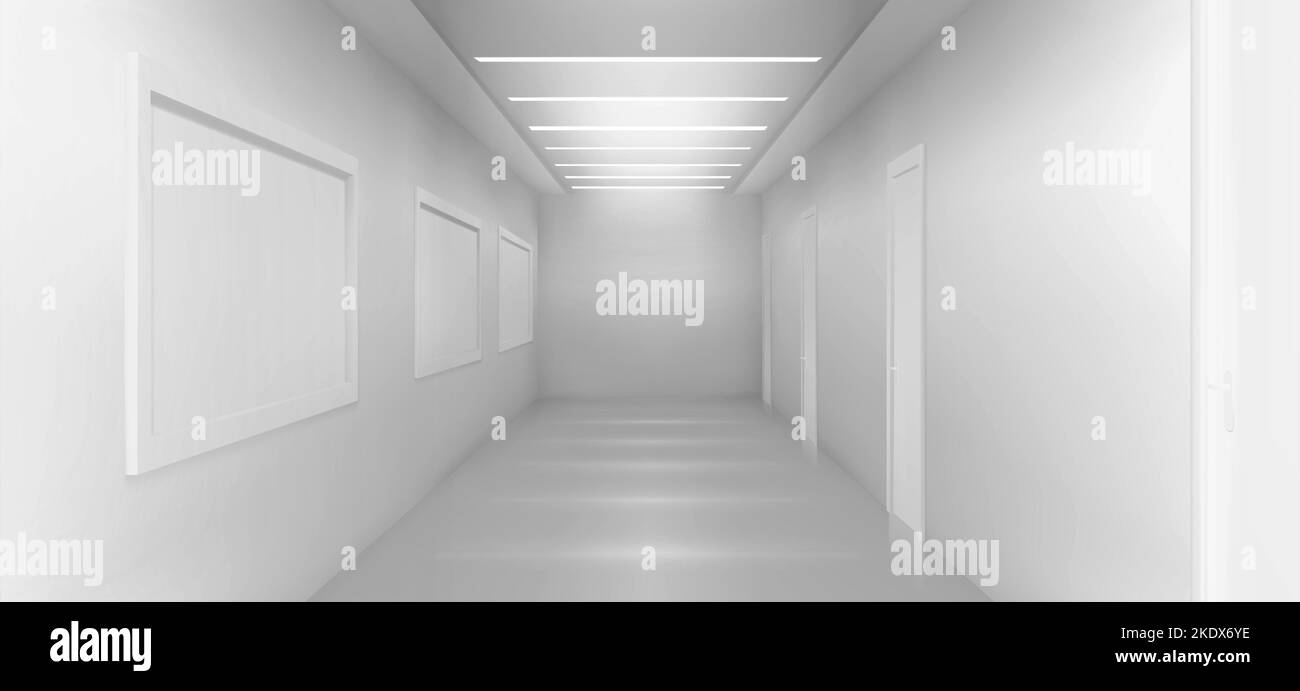 White room, corridor background, museum space 3d render. Art gallery, exhibition hall interior with blank white frames hanging on wall, spotlight illumination on ceiling, Realistic vector illustration Stock Vector
