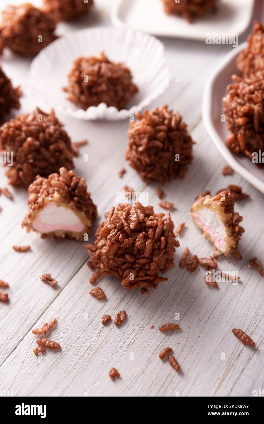 Homemade Caramel Marshmallows covered in chocolate flavor puffed rice, sweet treat easy to make