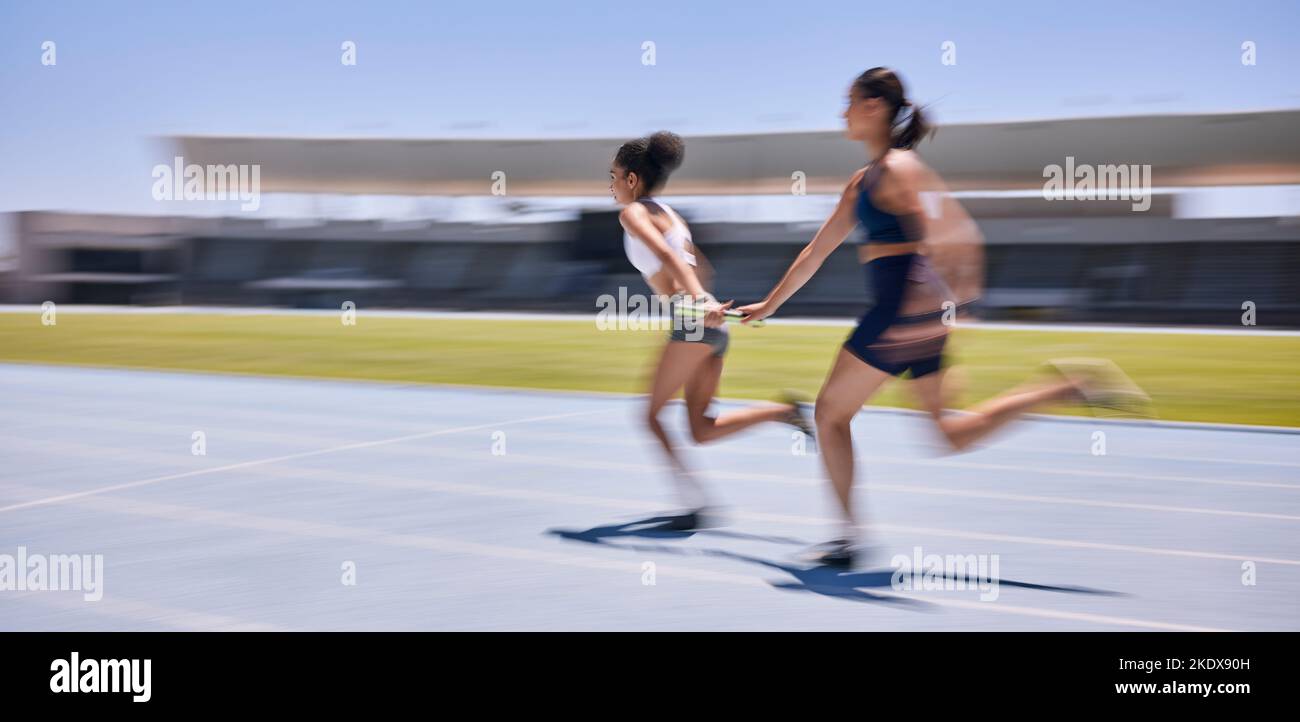 Speed race, relay and woman running in marathon competition, sports