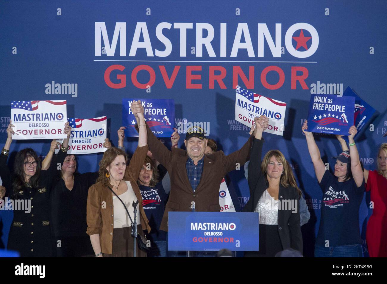 Washington, United States. 8th Nov, 2022. Pennsylvania Republican candidate for Governor Doug Mastriano hosts an Election Day watch party at the Penn Hill Hotel in Camp Hill, Pennsylvania on Tuesday, November 8, 2022. Trump-endorsed Mastriano and Josh Shapiro, a Democrat serving as the State Attorney General, are running to succeed outgoing Governor Tom Wolf (D) who is term limited. Photo by Bonnie Cash/UPI Credit: UPI/Alamy Live News Stock Photo