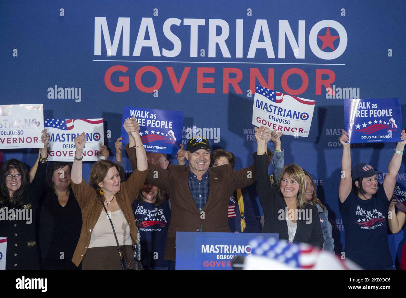 Washington, United States. 8th Nov, 2022. Pennsylvania Republican candidate for Governor Doug Mastriano hosts an Election Day watch party at the Penn Hill Hotel in Camp Hill, Pennsylvania on Tuesday, November 8, 2022. Trump-endorsed Mastriano and Josh Shapiro, a Democrat serving as the State Attorney General, are running to succeed outgoing Governor Tom Wolf (D) who is term limited. Photo by Bonnie Cash/UPI Credit: UPI/Alamy Live News Stock Photo