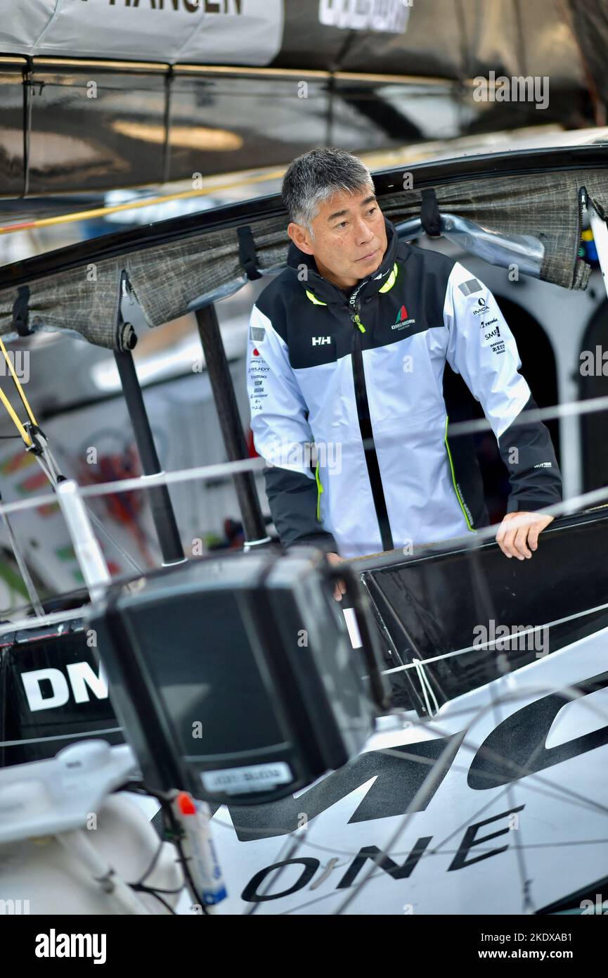 Kojiro Shiraishi, Dmg Mori, Route du Rhum, D-1 the boats are in the locks, Postponed, the start of the Route du Rhum 2022 will finally be given on Wednesday 9 November at 14:15, off Saint-Malo, in Brittany. This Tuesday, the day before the start, a weather briefing is scheduled for late morning. The first boats, in particular the Imoca boats, are leaving the pontoons in Saint-Malo, heading for the locks, to prepare for the big start. 08 November 2022 Saint Malo. Photo by Franck Castel/ABACAPRESS.COM Stock Photo