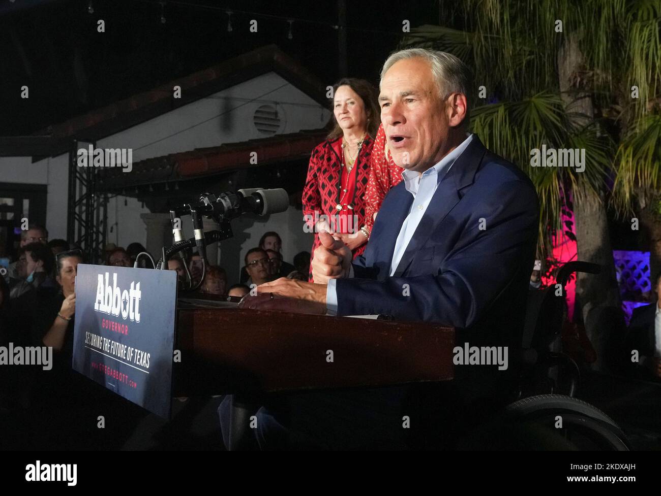 McAllen Texas USA, November 8 2022: Texas Governor GREG ABBOTT, joined onstage by his wife, Cecelia, revels in a re-election victory over Democratic challenger Beto O'Rourke during an election-night watch party. ©Bob Daemmrich Stock Photo