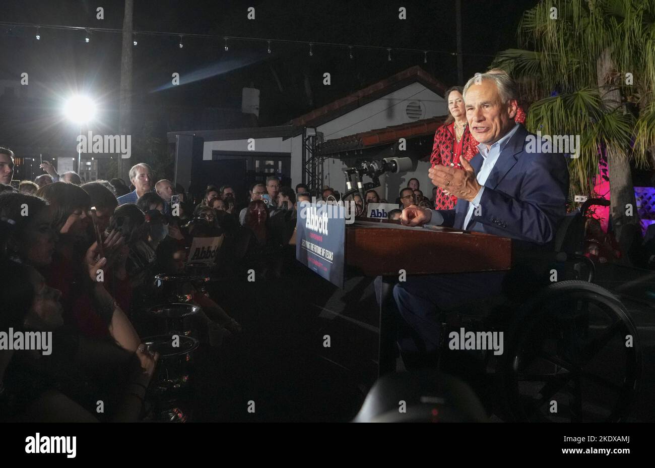 McAllen Texas USA, November 8 2022: Texas Governor GREG ABBOTT, joined onstage by his wife, Cecelia, revels in a re-election victory over Democratic challenger Beto O'Rourke during an election-night watch party. ©Bob Daemmrich Stock Photo