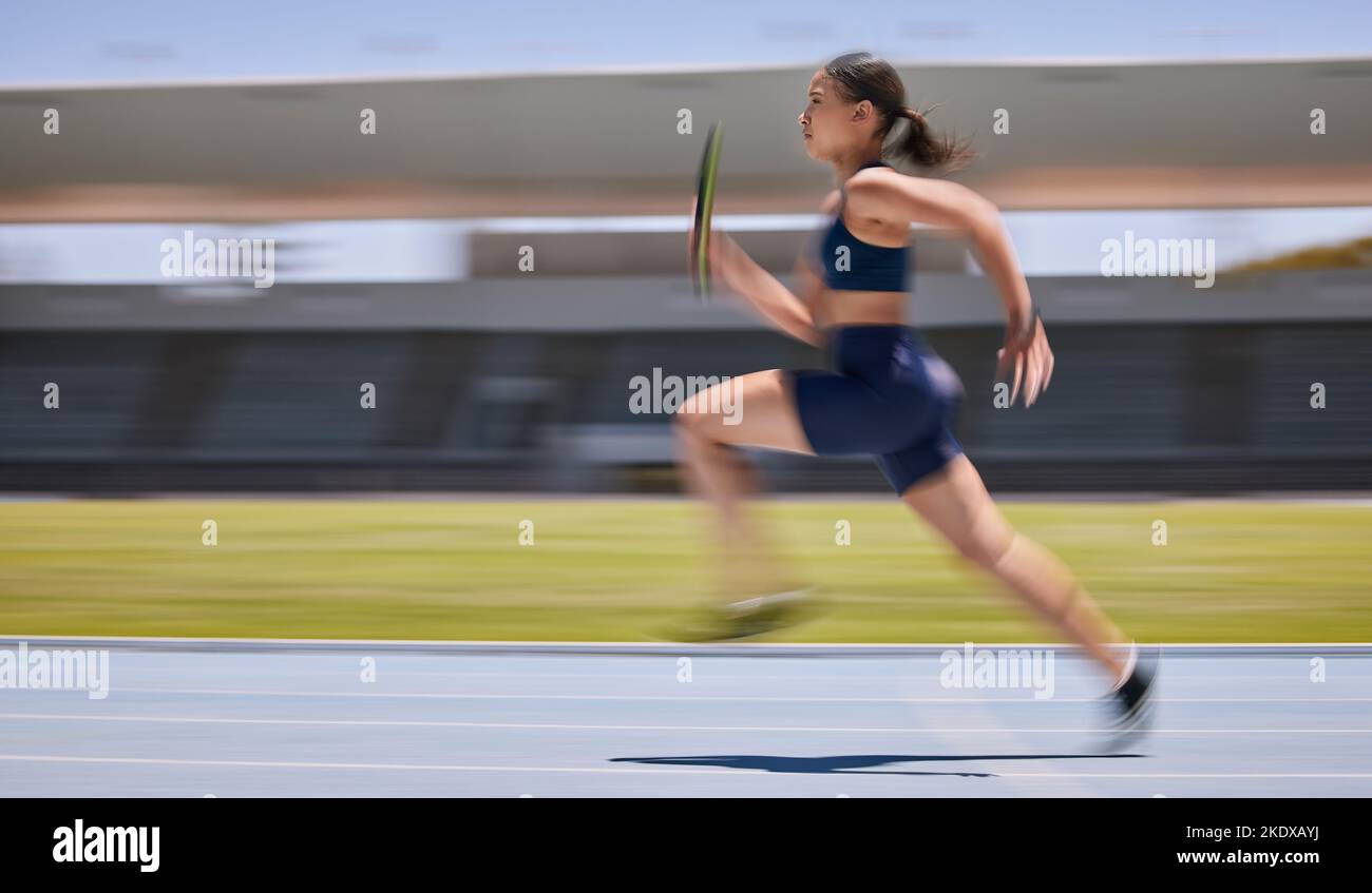 Fitness, speed and runner, woman running relay race with athlete and