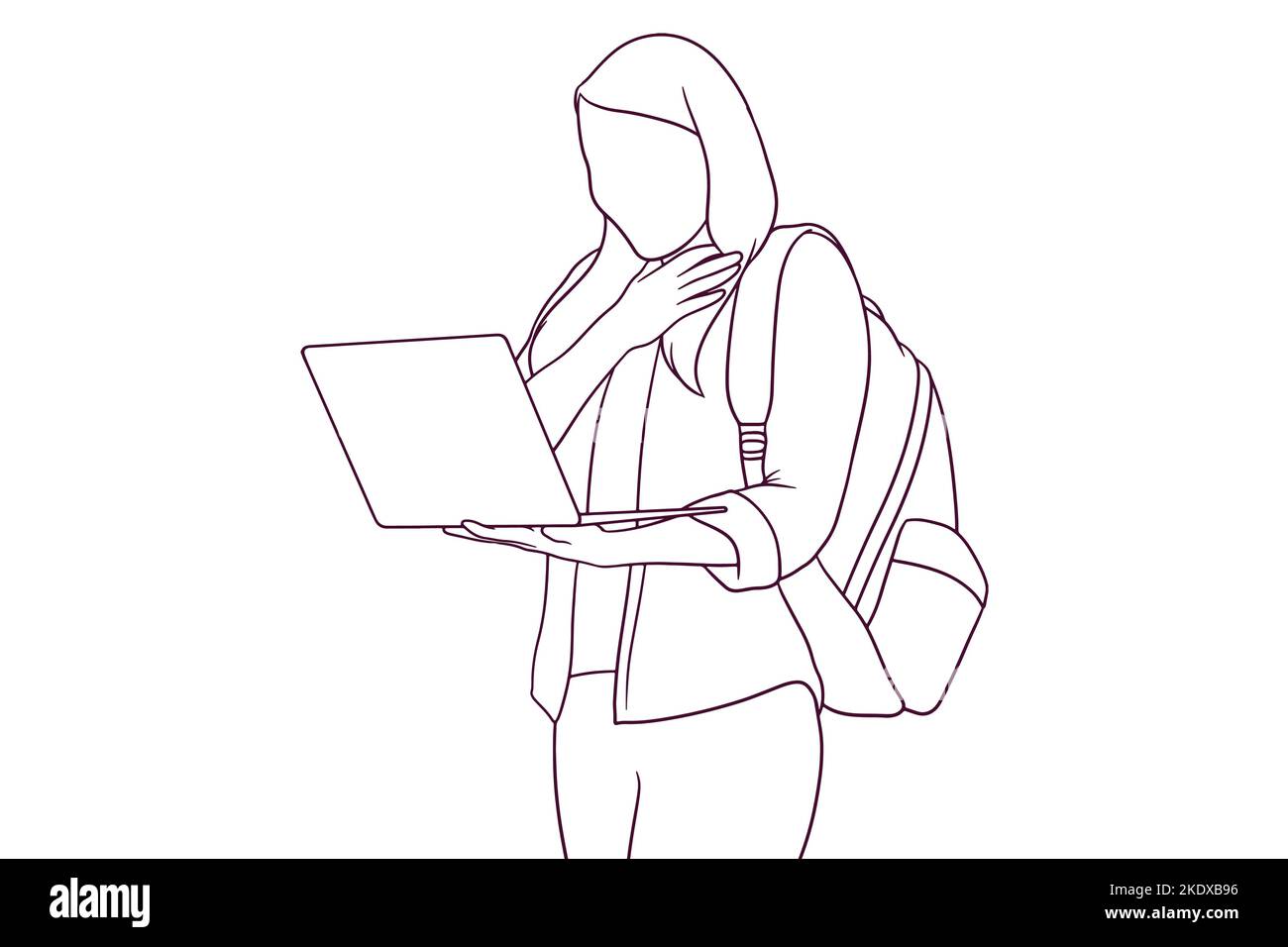 surprised girl student with backpack while using laptop. hand drawn style vector illustration Stock Vector