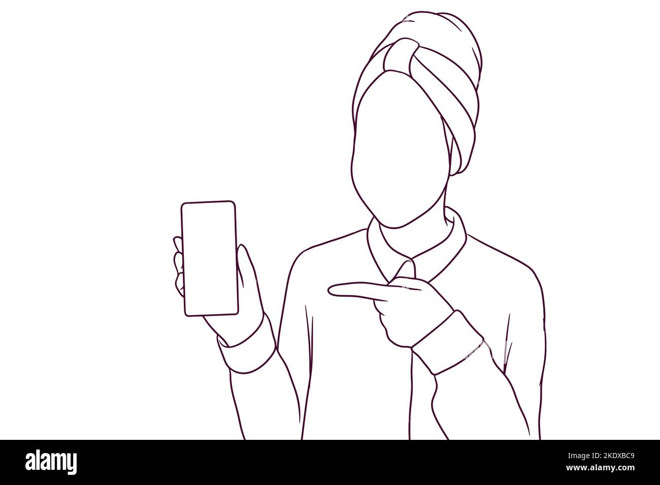 young woman with turban pointing at smartphone. hand drawn style vector illustration Stock Vector