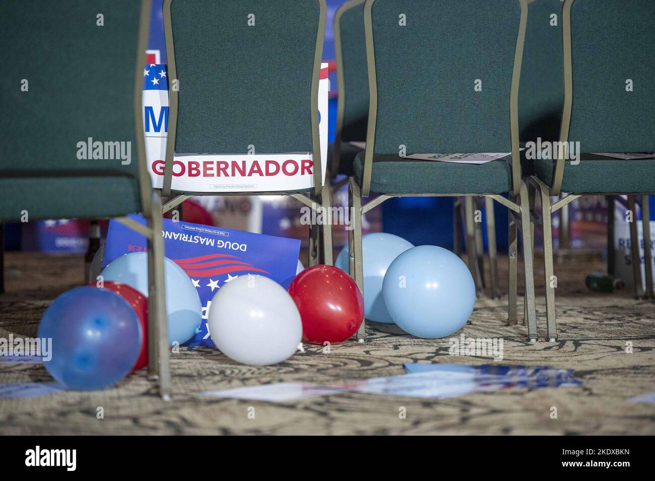Washington, United States. 8th Nov, 2022. Balloons and posters lie on the ground after Pennsylvania Republican candidate for Governor Doug Mastriano's Election Day watch party at the Penn Hill Hotel in Camp Hill, Pennsylvania on Tuesday, November 8, 2022. Trump-endorsed Mastriano was defeated by Josh Shapiro, a Democrat serving as the State Attorney General. Photo by Bonnie Cash/UPI Credit: UPI/Alamy Live News Stock Photo