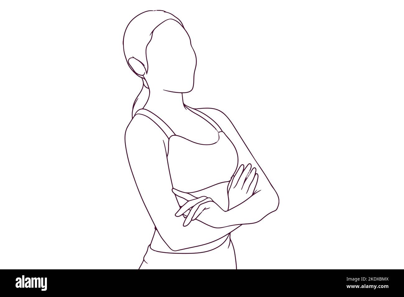 woman in fitness suit with crossed arms hand drawn style vector