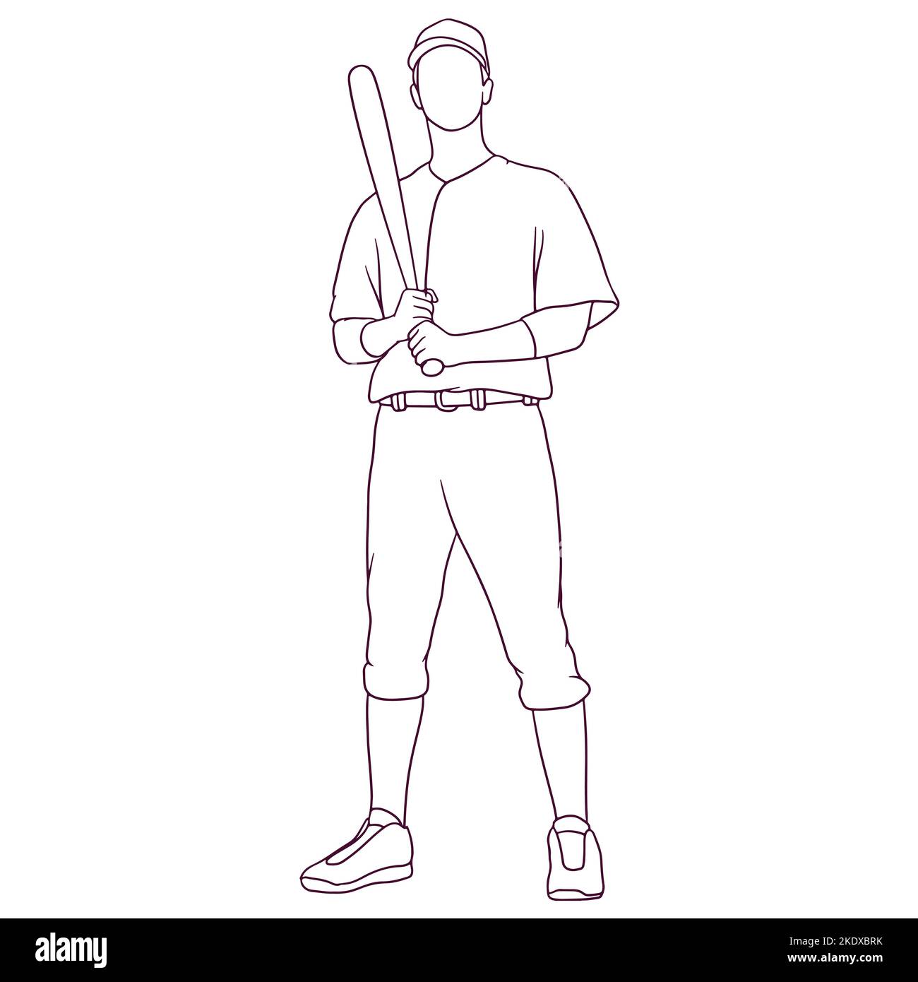 standing baseball player while holding bat. hand drawn style vector illustration Stock Vector