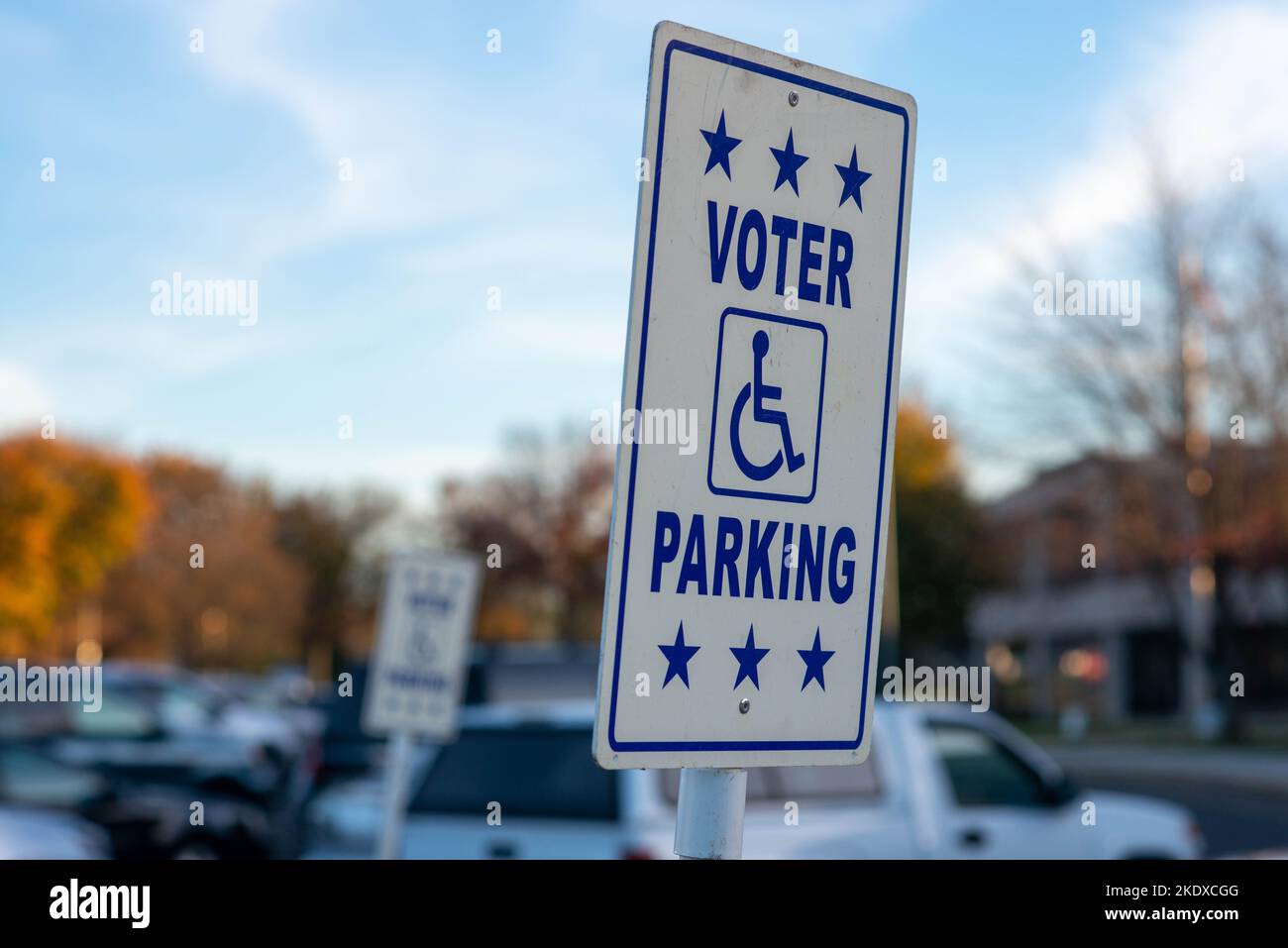 Bensalem, United States. 08th Nov, 2022. A voter parking sign hangs at