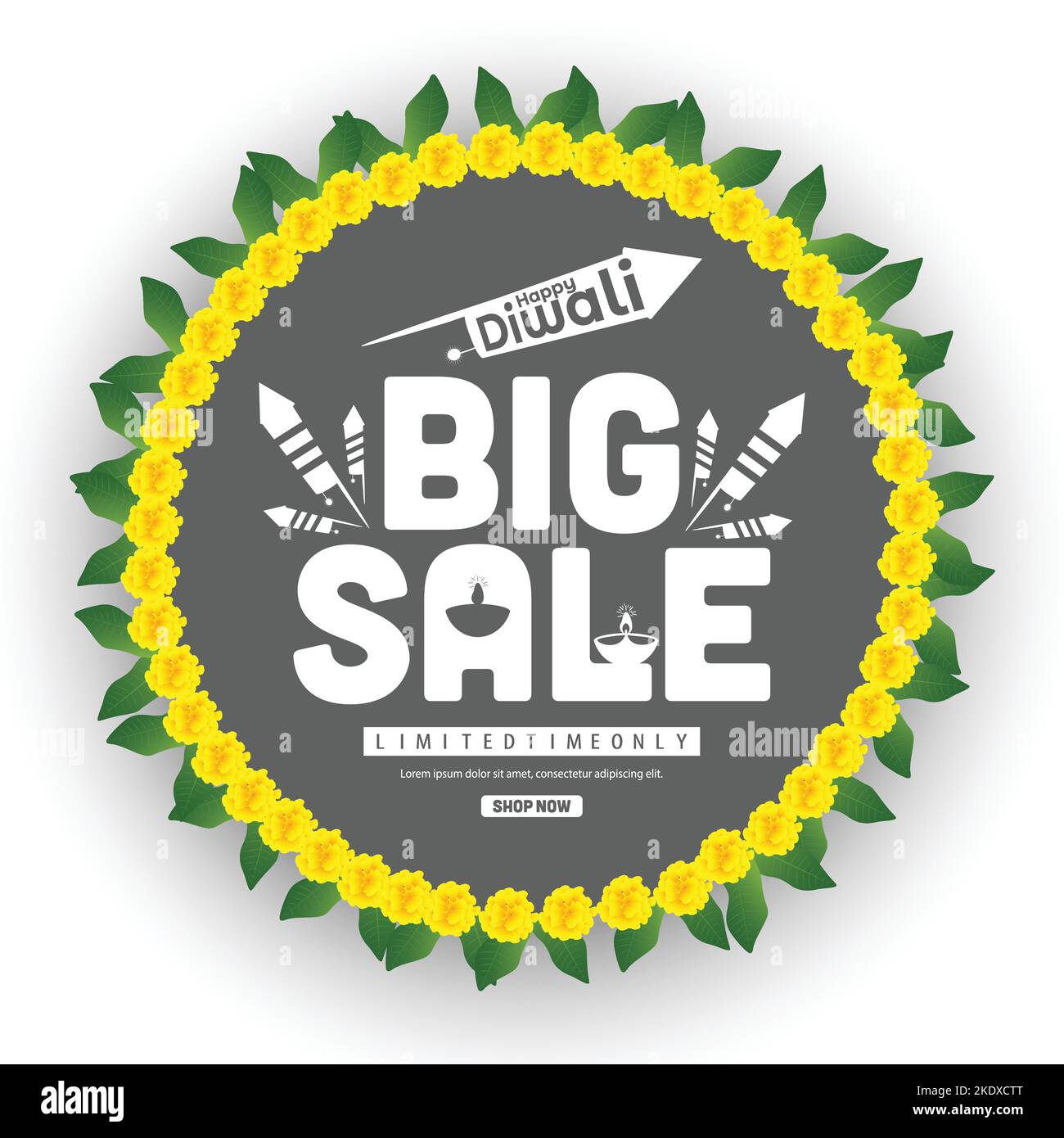 Illustration of big sale offer banner flower garland frame of celebration for Happy Diwali festival of India. Indian festival of lights, sale offer, D Stock Vector