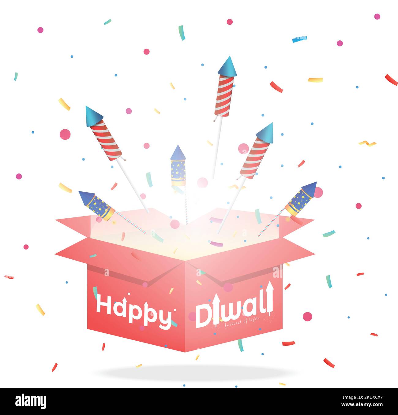 Colorful firecrackers coming out of gift box on white background during