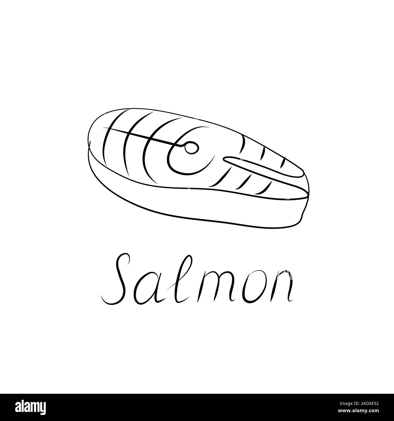 Salmon steak illustration and hand-written inscription. Seafood fish sign. Vector logo Stock Vector