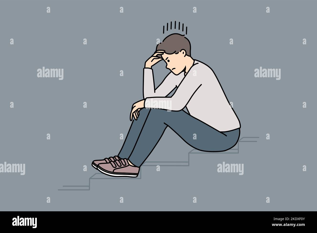 Stressed man sit on stairs thinking or making plan. Distressed unhappy guy lost in thoughts having dilemma or issue. Vector illustration.  Stock Vector