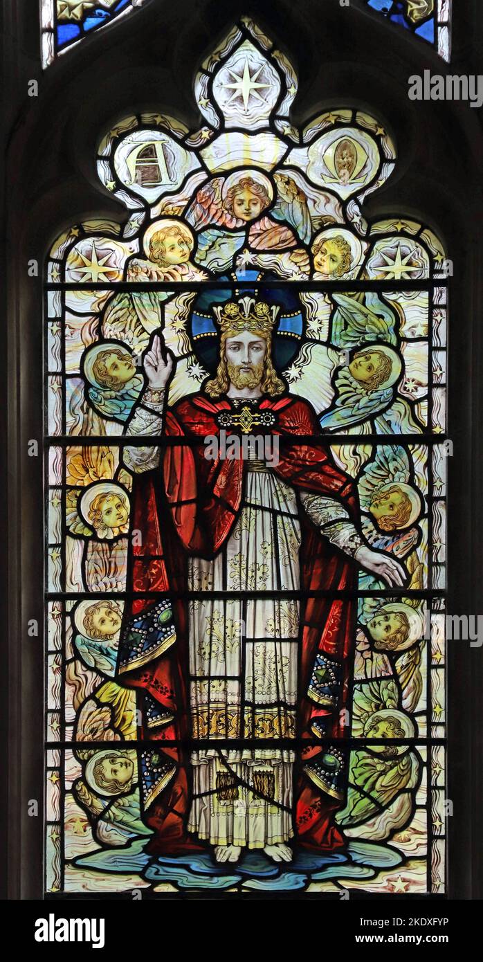 Stained glass window by James Powell & Sons of 1898 depicting Christ in Majesty surrounded by a host of saints and angels, St James's Church, Clapham, Stock Photo
