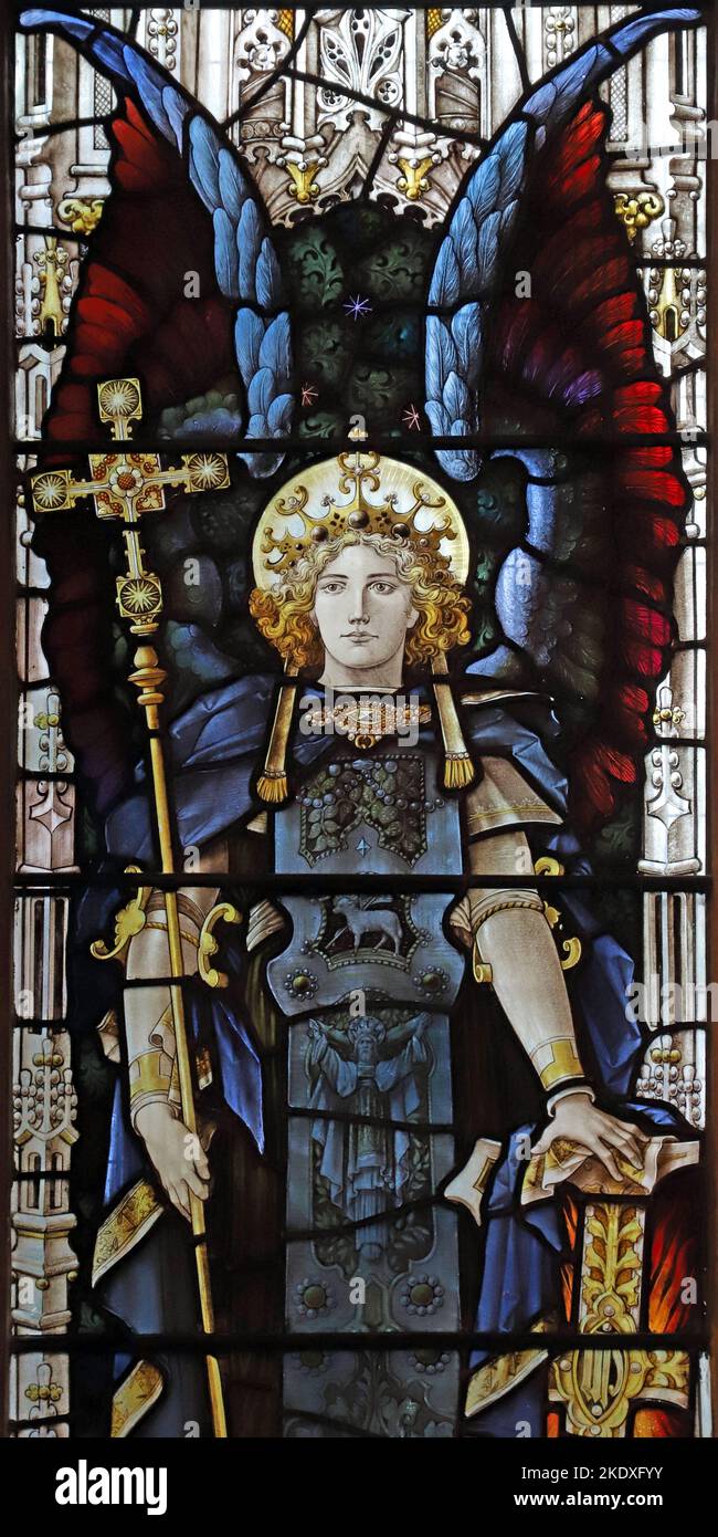 Stained glass window by Percy Bacon & Brothers depicting St Michael, St Stephen's Church, East Twickenham Stock Photo