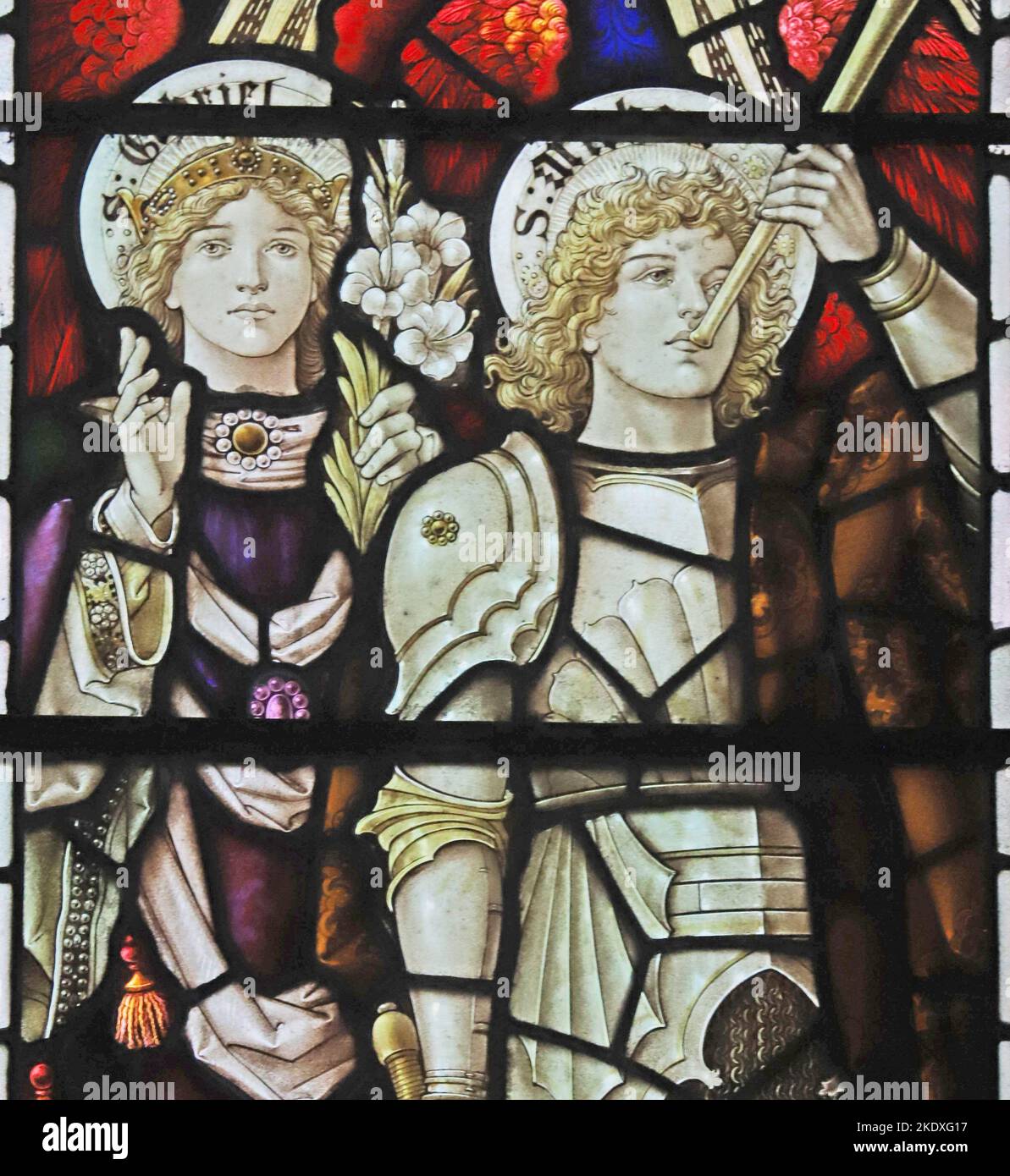 Stained glass window by Percy Bacon & Brothers depicting the Archangels Gabriel and Michael, St Peter's Church, Caversham, Berkshire Stock Photo