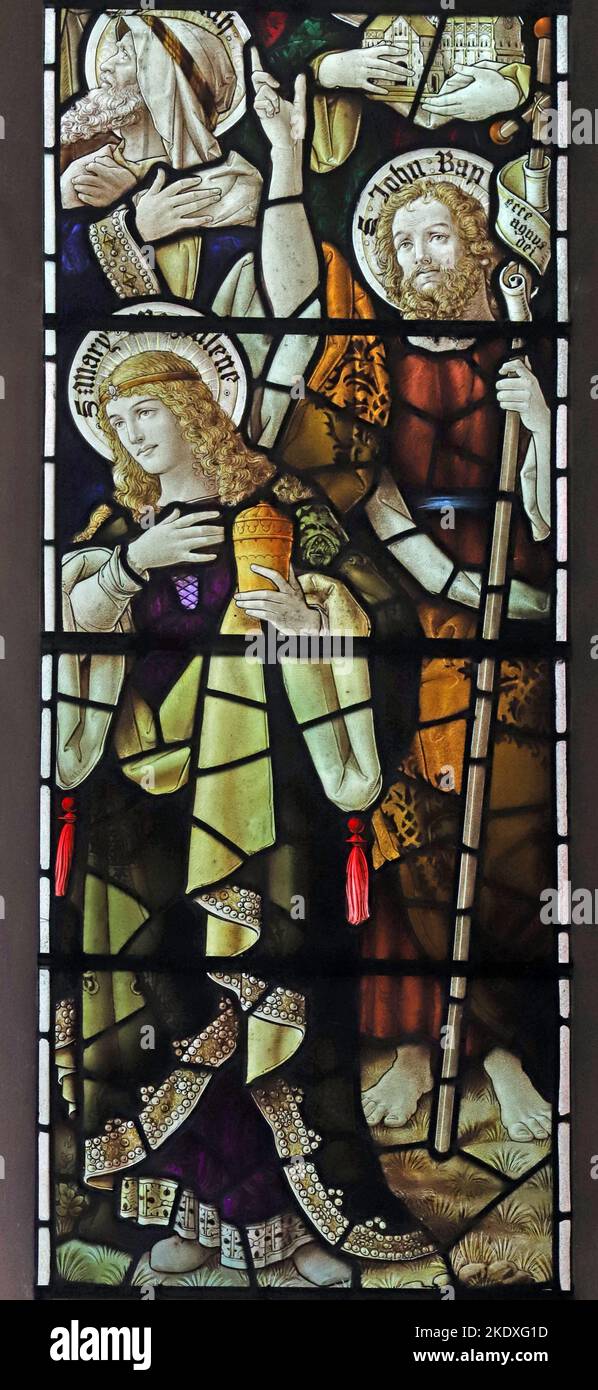Stained glass window by Percy Bacon depicting St John the Baptist and St Mary Magdalene, St Peter's Church, Caversham, Berkshire Stock Photo