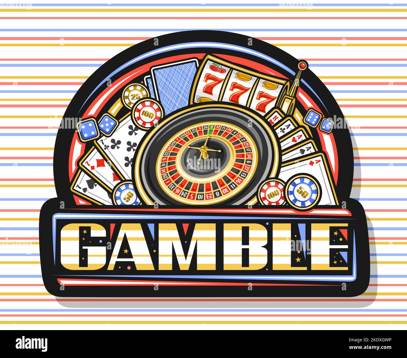 Vector logo for Gamble, dark signboard for casino with illustration of european roulette wheel, colorful casino coins, poker four of a kind, blue gamb Stock Vector