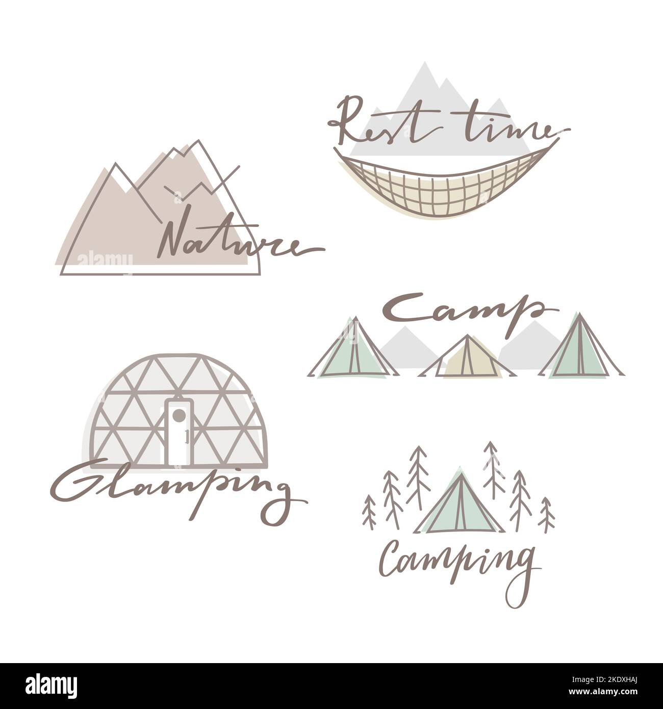 Set of outdoor summer camp, glamping, logo. Hand drawn and vector