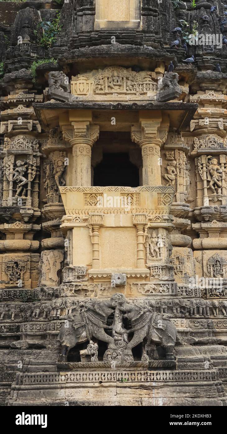 Carving of Elephants at Backside of Navlakha Temple, Ghumli, Dwarka, Gujarat, India. Stock Photo