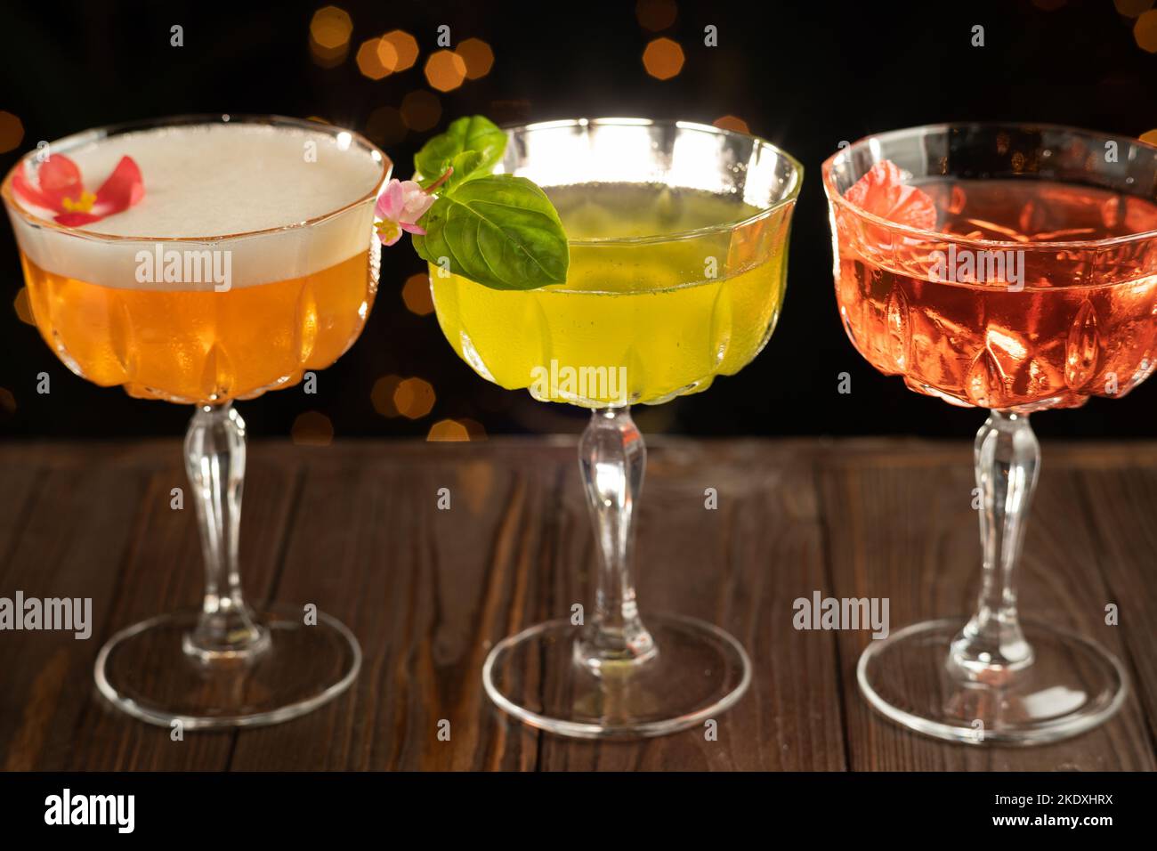 Cocktails assortment served on dark background in a on the