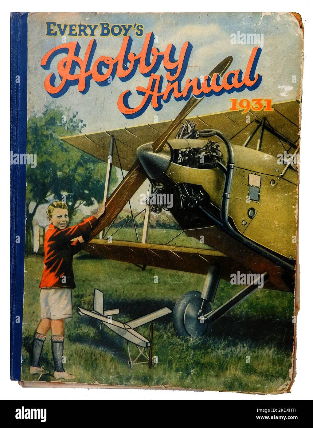 Cover of Every Boy's Hobby Annual 1932. This hard back  large format illustrated publication covered a wide range of subjects, treating boys as young men with adult interests such as aircraft, scientific experiments, railways etc. Boys were treated as adults and were taught how to experiment with chemicals, build boats , wireless sets and  engage in other activities that would never find their way into modern children's literature because of health and safety issues. Stock Photo
