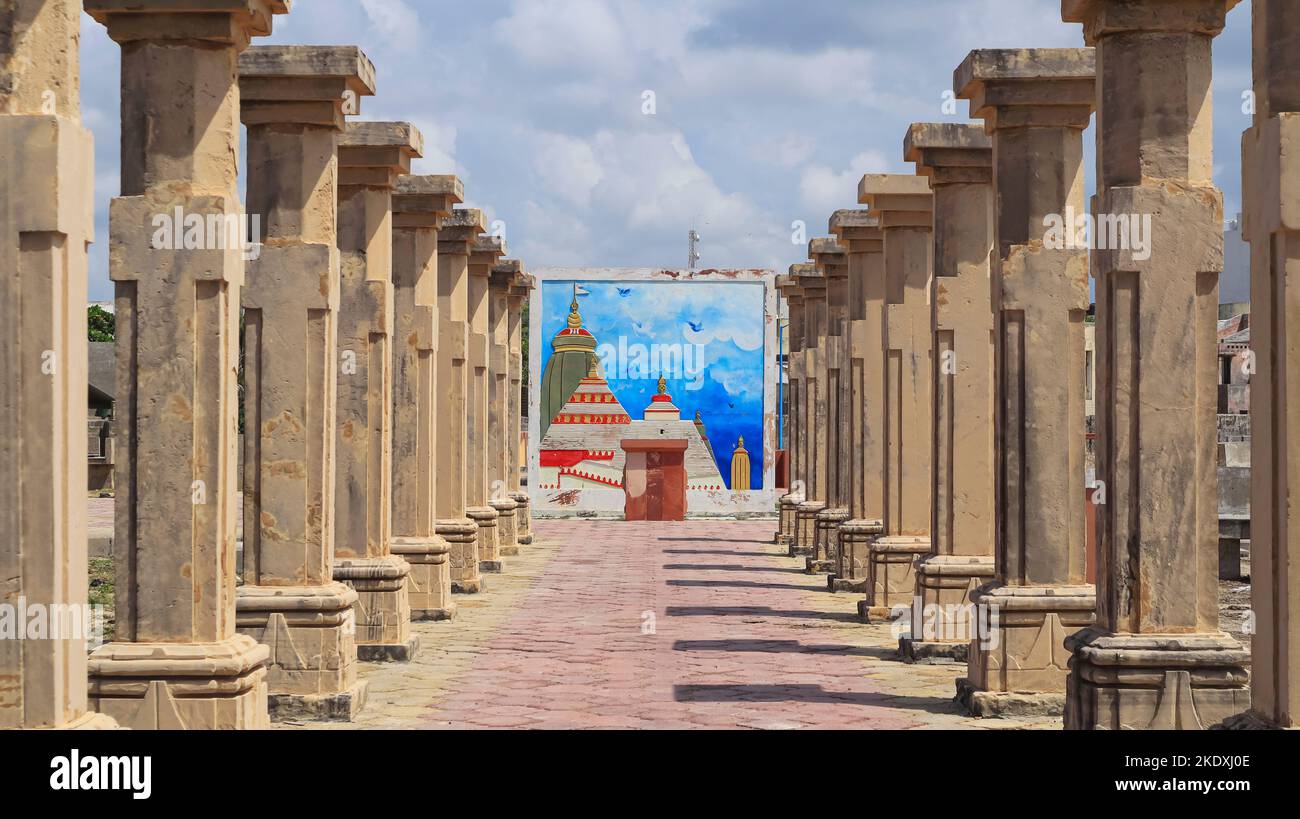View of Painting of Jagannath Puri Temple on Dwarka Beach, Dwarka, Gujarat, India. Stock Photo