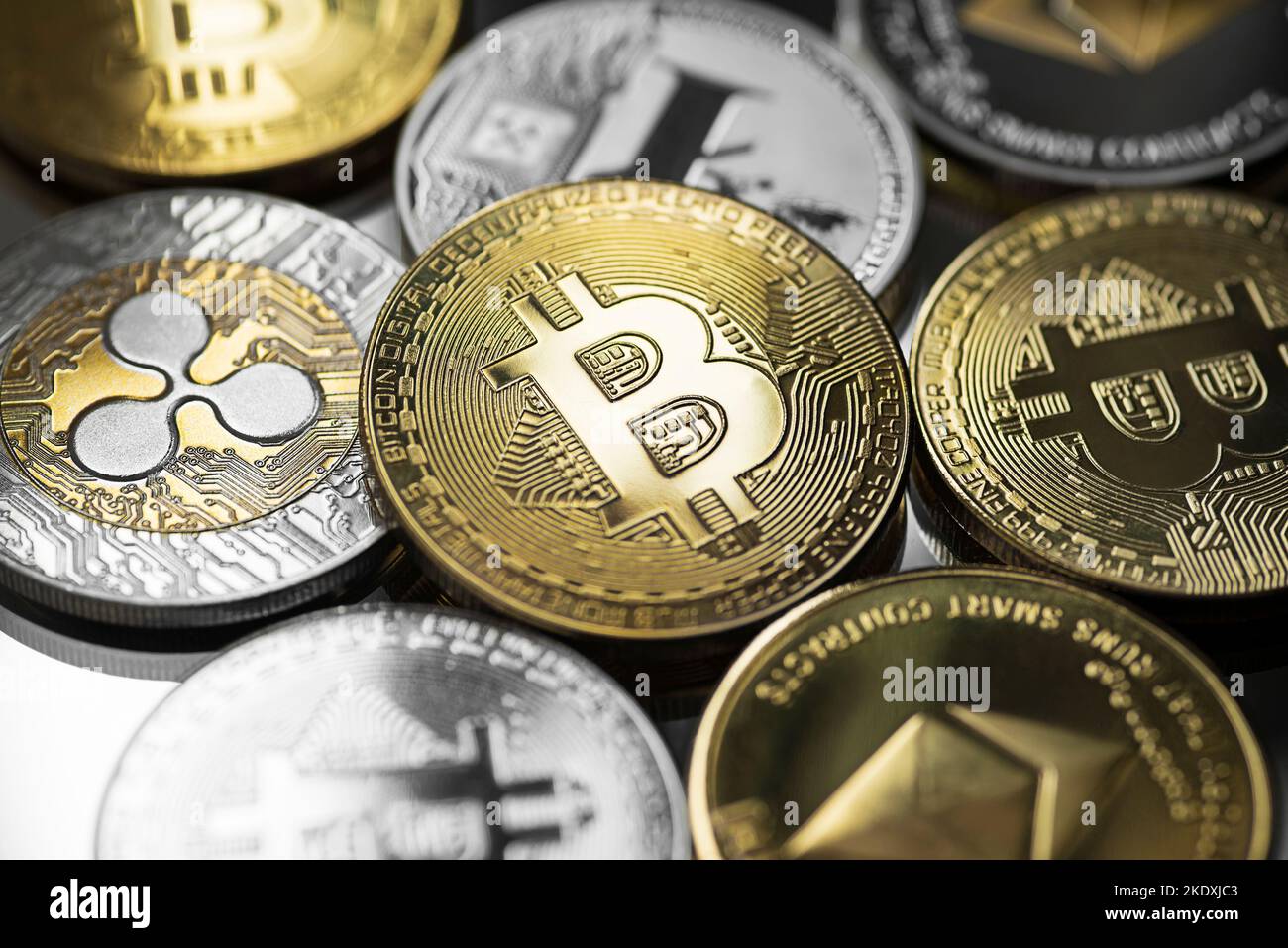 Bitcoin and altcoins cryptocurrency close up shoot Stock Photo