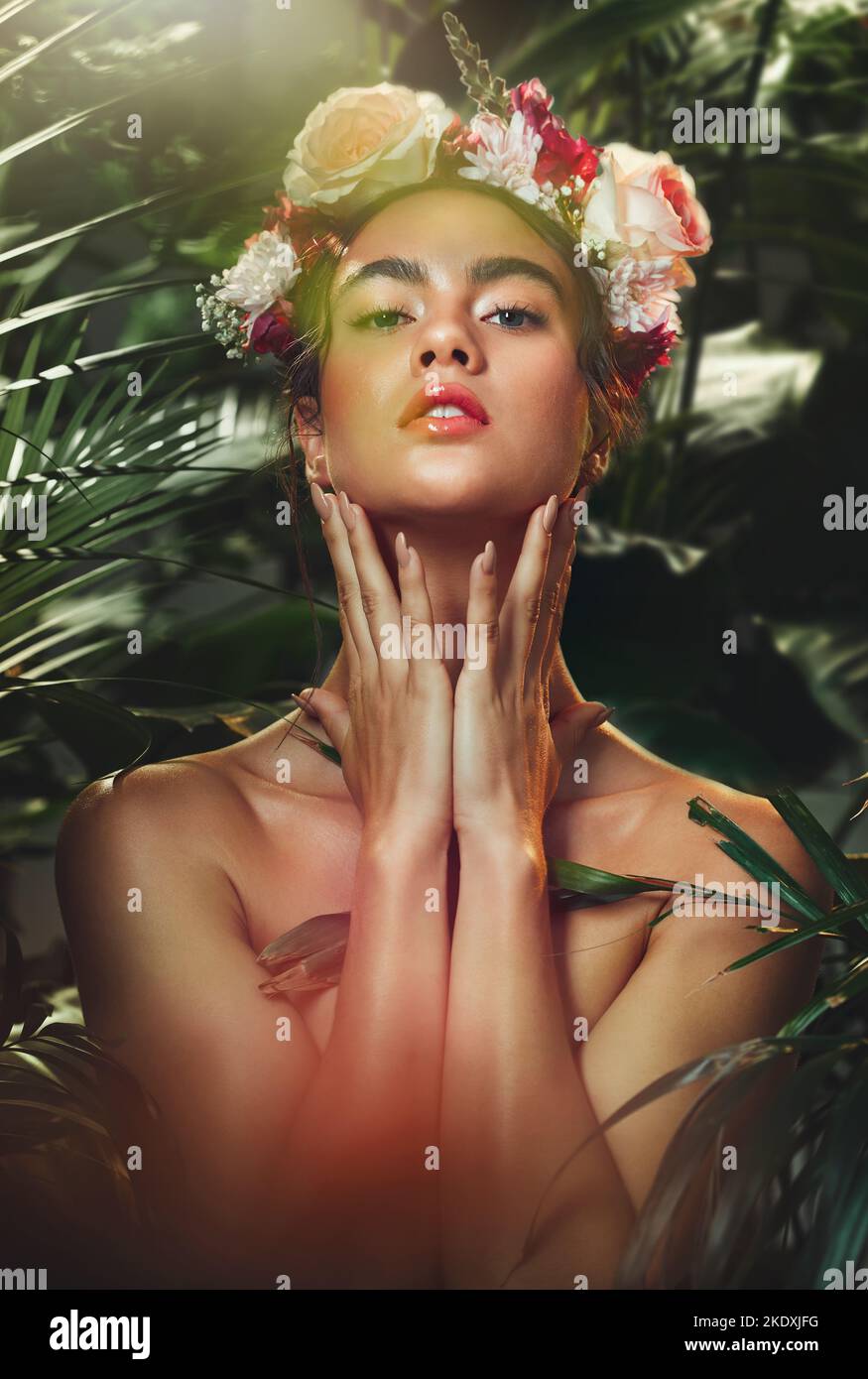 Woman, nature and beauty with leaves, plants and trees with organic