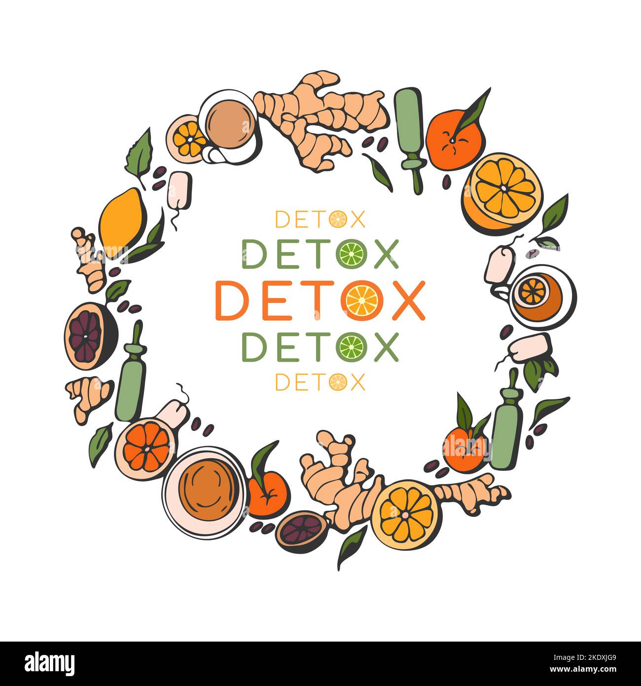 Detox natural element doodle hand drawn round. Vector illustration Stock Vector