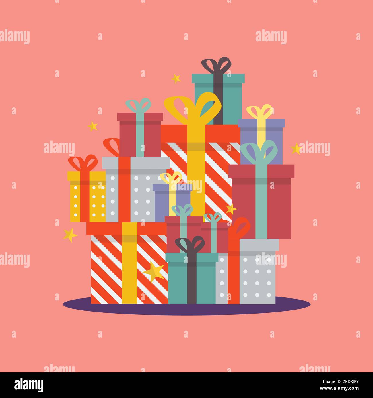 Pile of gift boxes. Big lot gift box decorative festive object. Vector
