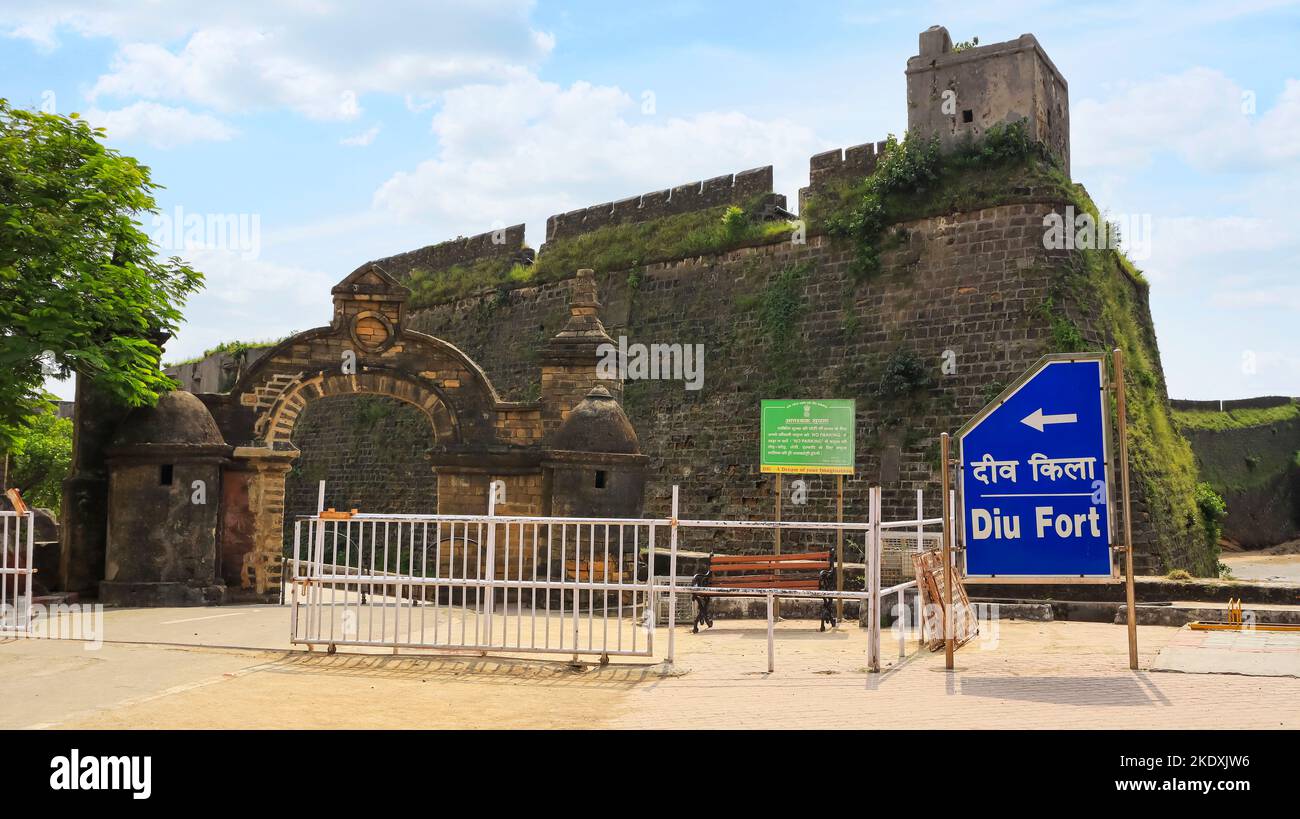 Entrance of Diu Fort built by Portuguese in 1535, Diu, India. Stock Photo